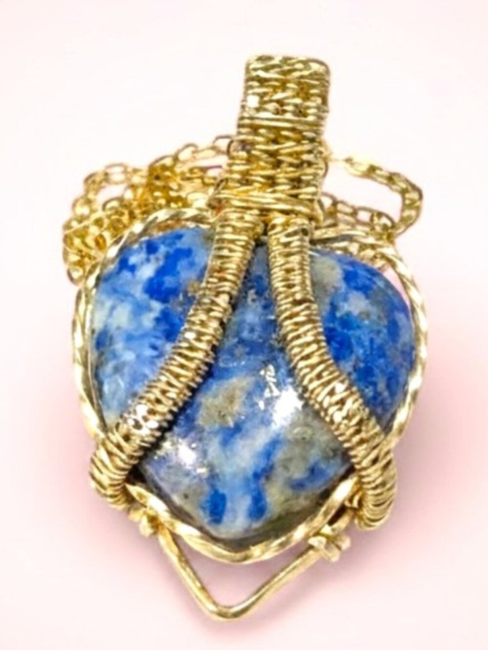 Handmade Lapis Lazuli Wire Wrapped Pendant in Silver and Brass